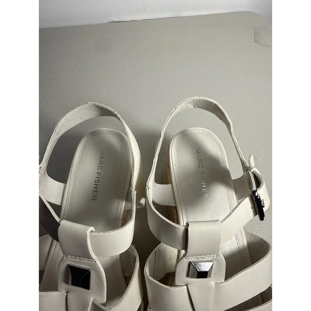 Marc Fisher Adalyn White Leather Espadrille Wedge Sandals Womens 9.5M Studded